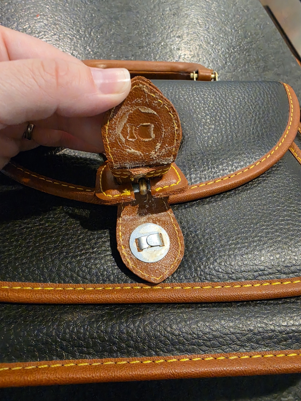 Dooney & Bourke Black Leather Satchel with Brown Trim and Brass Accents - Picture 3 of 9